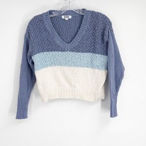 525 America Striped V Neck Knit Sweater Women's Size S Blue Light Blue Cream